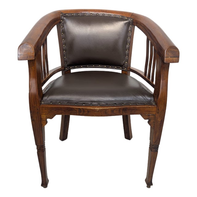 Interwar Wooden Office Chair in Natural Leather, 1890s For Sale