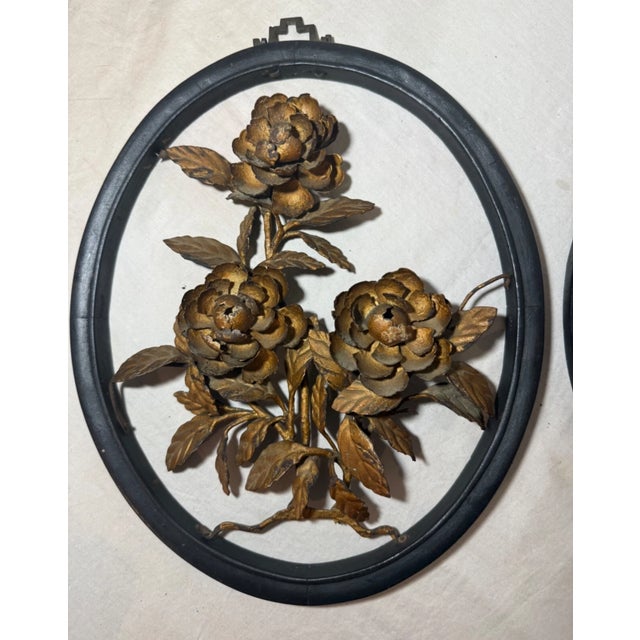 Pair Handmade Antique Chinese Gilt Wrought Iron Wood Flower Wall Art Sculptures For Sale - Image 4 of 14