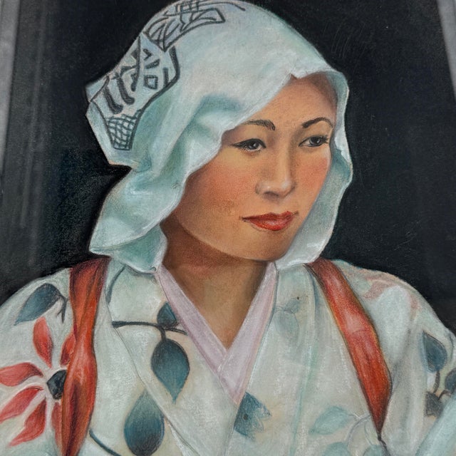 Japanese Vintage Original Pastel Portrait Painting of Japanese Woman in Kimono For Sale - Image 3 of 12