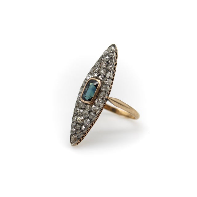 Victorian 19th Century 14k Gold Early Victorian Navette Ring With Pave Diamonds and Central Sapphire, Size 8.25 For Sale - Image 3 of 8