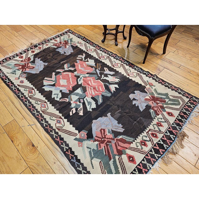 Vintage Caucasian Karabagh Kilim, Flat-Woven Wool, Floral Bouquet Pattern, Dark Brown & Ivory, 5x8 For Sale - Image 4 of 17