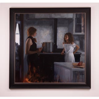 Family Recipe (Impossible Soup) by Ximena Rendon | Oil on aluminum panel Two women in a kitchen with a pot. For Sale
