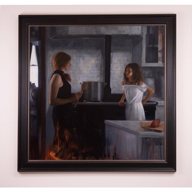 Family Recipe (Impossible Soup) by Ximena Rendon | Oil on aluminum panel Two women in a kitchen with a pot. For Sale