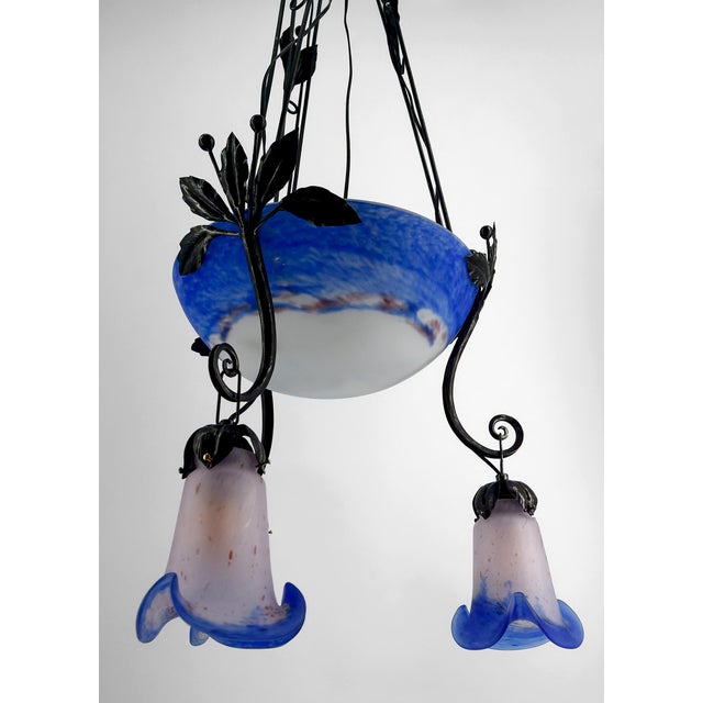 Art Deco Wrought Iron Chandelier with Blue Blown Glass, France For Sale - Image 6 of 12
