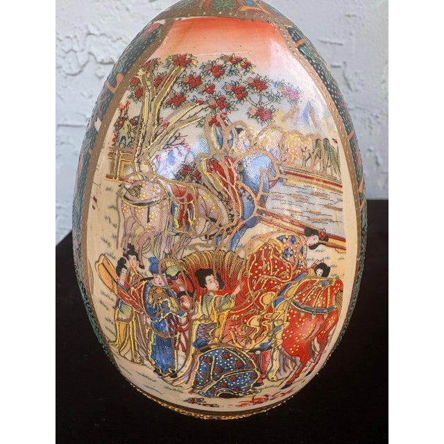 Vintage Hand-Painted Chinese Porcelain Decorative Egg Sculptures on Wooden Bases– Set of 2 – 5.5” For Sale - Image 4 of 12