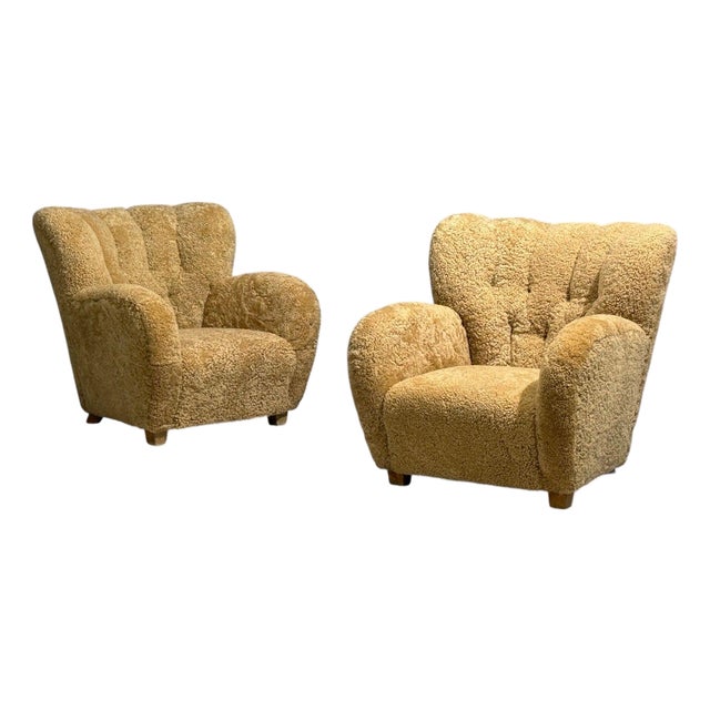 Finnish Modern, Organic Lounge Chairs, Shearling, Wood, Finland, 1940s For Sale