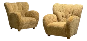 Finnish Modern, Organic Lounge Chairs, Shearling, Wood, Finland, 1940s