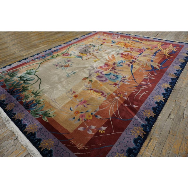 1920s Ivory Scenic Floral Antique Chinese Art Deco Rug 8'10" X 11'6" Handknotted Wool Carpet For Sale - Image 4 of 18