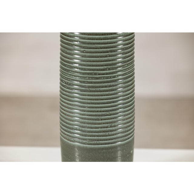 Tall Artisan Ceramic Hand-Crafted Vase with Ribbed Body and Green Glaze For Sale In New York - Image 6 of 16