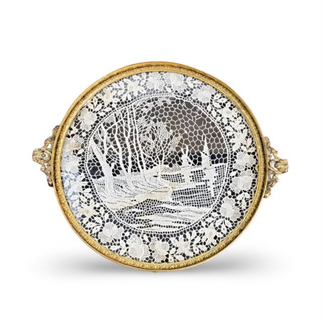 Antique Apollo Silver Co. Gilt Brass Vanity Tray With Lace Under Glass For Sale - Image 4 of 13