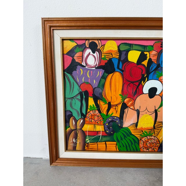 Vintage Haitian Folk Art Market Scene Oil on Canvas Painting by Michael, Wood Framed For Sale - Image 9 of 12