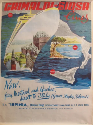 1960's Original Vintage Italian Grimaldi Siosa Lines + Rosanna Schiaffino Poster - "Now, From Montreal and Quebec, Direct to Italy"