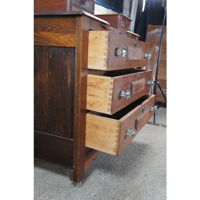 Late 19th Century Antique Victorian Carved Walnut Step Back Dresser Chest Marble Glove Box Drawers For Sale - Image 9 of 12