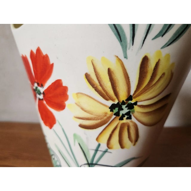 1960s Vintage French Wide Neck Vase with Hand-Painted Flowers and Yellow Interior from Vallauris, 1960s For Sale - Image 5 of 11