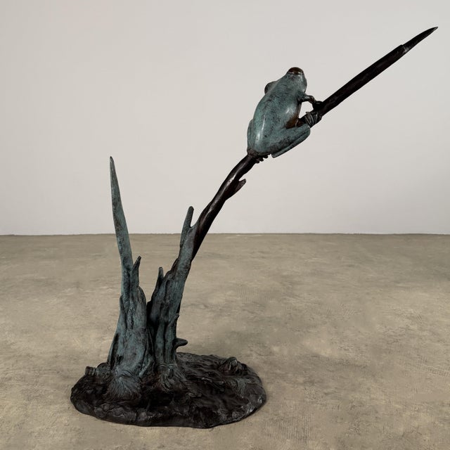 Metal Bronze Frog Fountain Sculpture, 30” Tall, Verdigris Garden Water Feature For Sale - Image 7 of 14