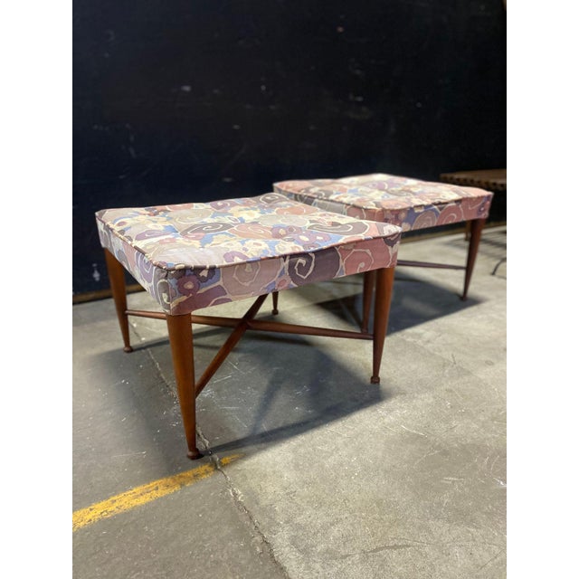 1950s A Pair of Thebes Stools Attributed to Dunbar in Jack Lenor Larsen Samarkand Velvet For Sale - Image 10 of 11