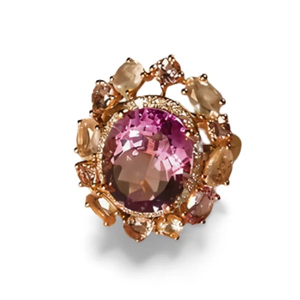 This stunning 14K pink gold ring features a natural oval amethyst (13 x 10 mm), 6 pink amethysts, 6 quartz stones, and 28...