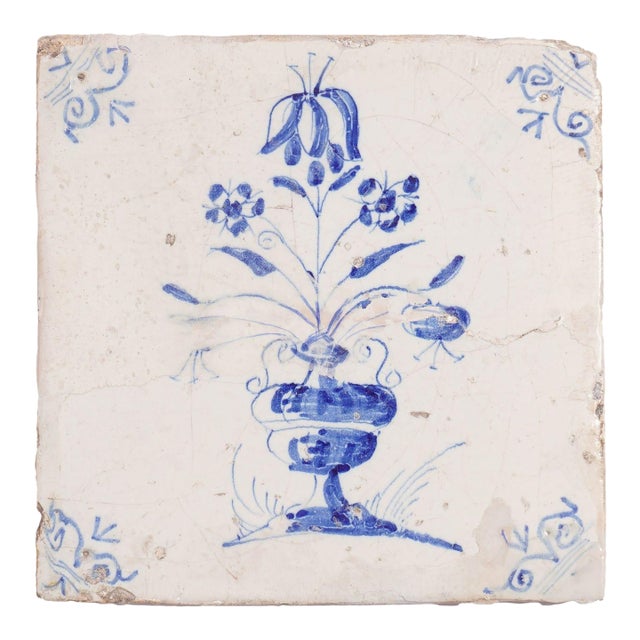 Delft Faience Tile With Tulips in an Urn, C. 1600's For Sale
