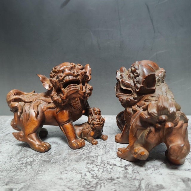 Late 20th Century Pair of Boxwood Carved “Ruyi Lion” Statues – Auspicious Chinese Wood Sculpture Set For Sale - Image 9 of 9