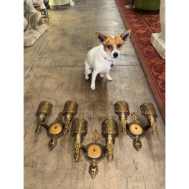 1920s 1920s Art Deco Polychrome Sconces With Robin’s Egg Blue Accents and Slip Shades - Set of 3 For Sale - Image 5 of 12