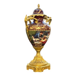 French-Style Burgundy Porcelain Vase – Romantic Scenic Panel With Gold Leaf & Bronze Details For Sale