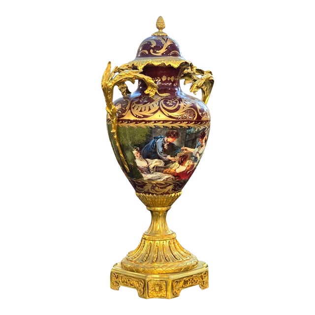 French-Style Burgundy Porcelain Vase – Romantic Scenic Panel With Gold Leaf & Bronze Details For Sale