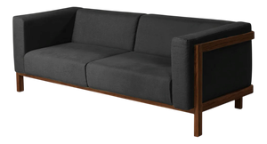 LIFT Minimalist Three-Seater Sofa in Walnut Wood and Anthracite Fabric Seat by Julien Renault