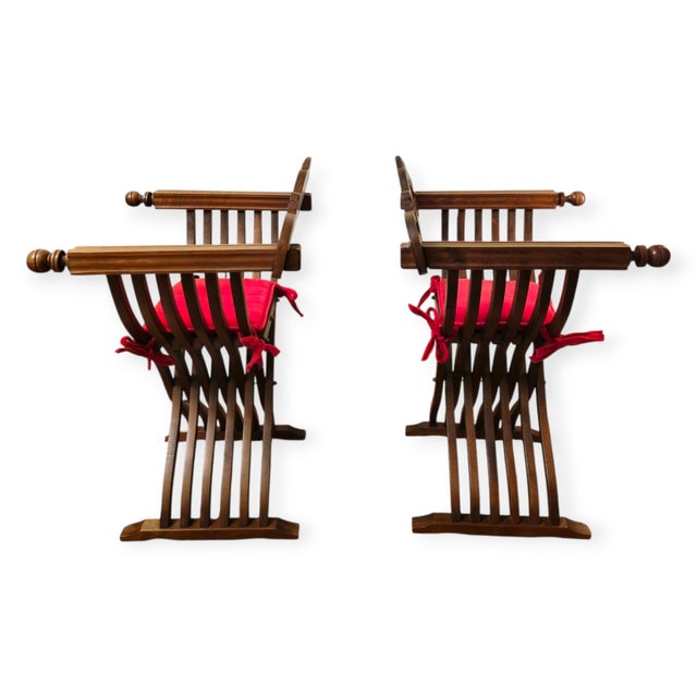 Pair of 1980s Renaissance Revival Style Wooden Folding Chairs With Red Cushions For Sale - Image 4 of 12