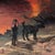 The artwork depicts two goats standing against a dramatic backdrop of swirling reds and oranges, evoking a sense of...
