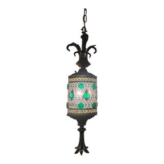 MCM Hollywood Regency Glam Gold Hanging Lamp Green Jewel Swag Light For Sale