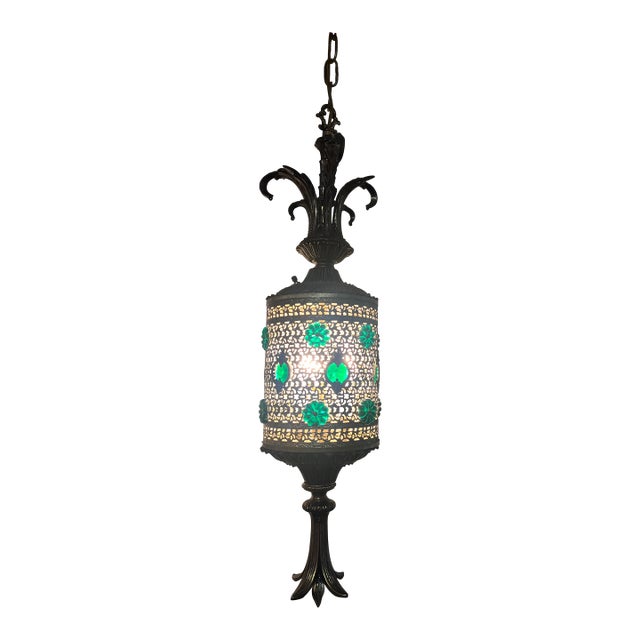 MCM Hollywood Regency Glam Gold Hanging Lamp Green Jewel Swag Light For Sale