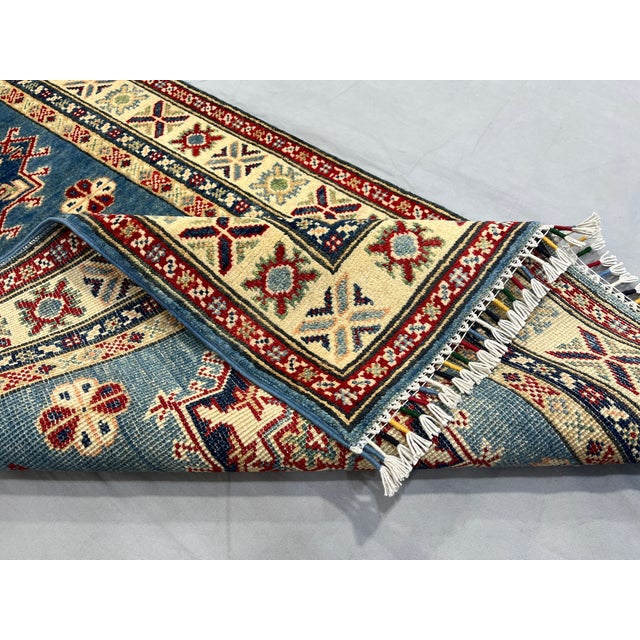 Blue and Cream Kazak-Style Wool Runner Rug With Tribal Medallions, 2'8" X 9'7" For Sale - Image 12 of 15