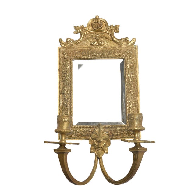 19th Century Antique Bronze Louis XVI Style Gilded Mirror 2-arm Candle Holder With Ornate Figural Face For Sale - Image 5 of 5