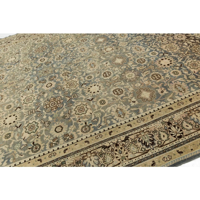 1920s 11x13 Antique Handmade Malayer Style Wool Rug in Soft Neutral & Blue Palette For Sale - Image 5 of 8