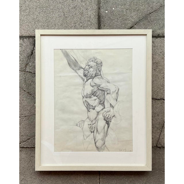 Abstract Vintage Boho Original Pencil Sketch of Man For Sale - Image 3 of 5
