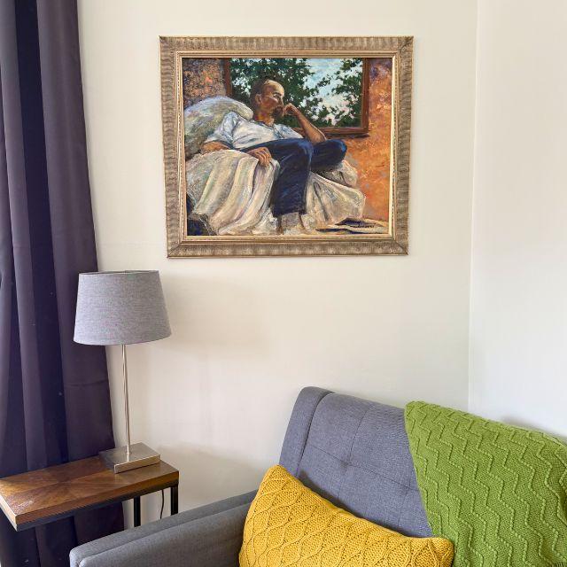 A stunning original oil painting, titled "Meditation", depicts a relaxing scene with a man, quiet in contemplation. With...