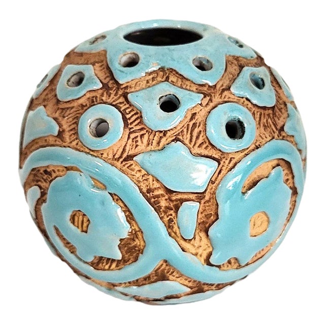 Mid-Century Modern Italian Sgraffito Turquoise Ceramic Tulipiere Vase by Saca For Sale