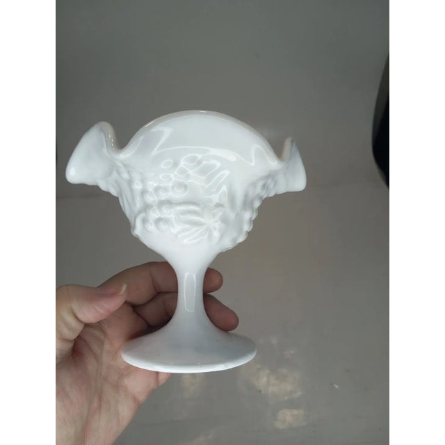 1950s Indiana Milk Glass Ruffled Grape and Leaves Small Compote Sundae Dish For Sale - Image 4 of 7