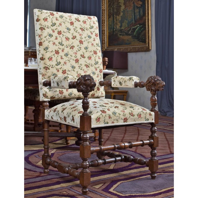 A magnificent pair of monumental solid oak armchairs, custom-made around 1880 for a hunting lodge in Belgium. These...