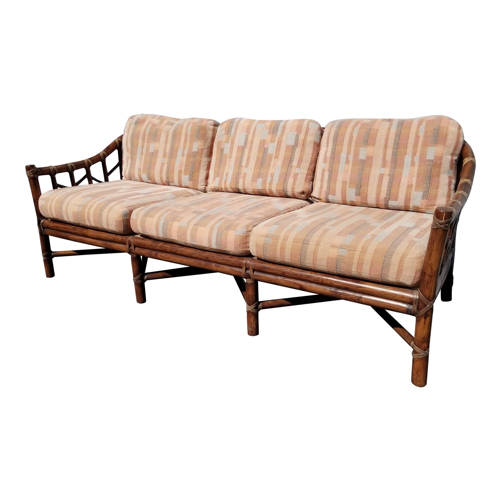 Vintage McGuire Furniture Company Rattan Sofa With Leather Rawhide Ties