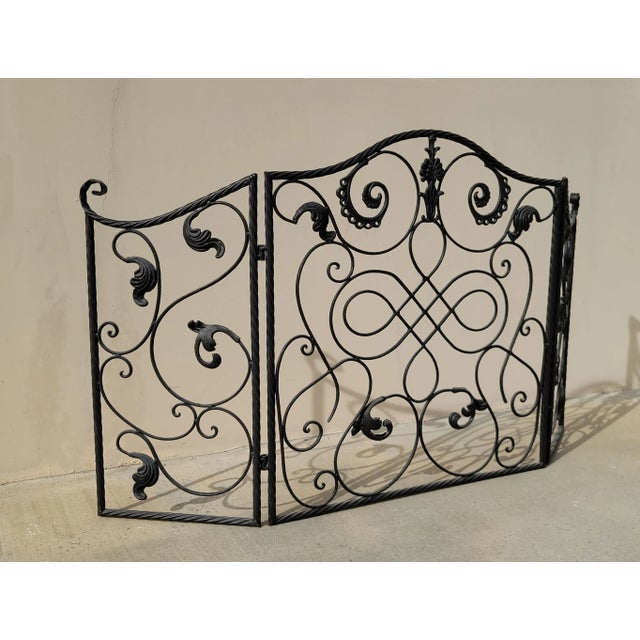 Mid-Century Modern Vintage Three Panel Black Fireplace Screen Black Iron and Scrolled For Sale - Image 3 of 12