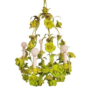 Vintage Tole Chinoiserie Italian Painted Lime Pale Green Rose 5 Light Chandelier For Sale