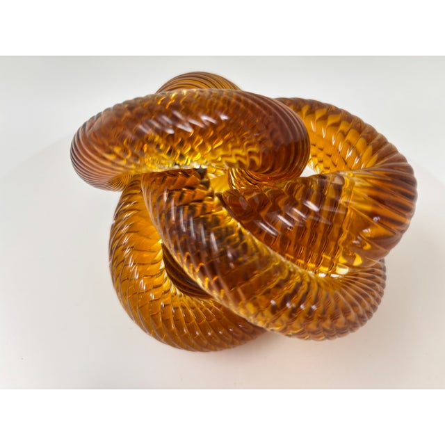 Signed Amber & Cognac Art Glass Infinity Knot Sculpture, Serpentine Texture For Sale - Image 17 of 17