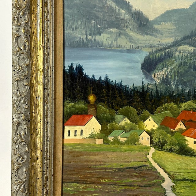 Vintage Folk Art German Village Mountainous Landscape, Signed (Oil on Board) For Sale - Image 4 of 7