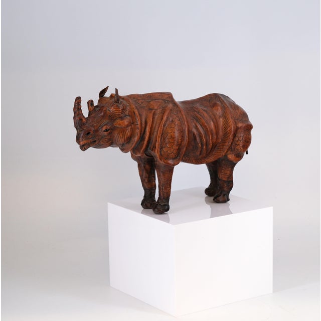 Glass Vintage Leather Covered Model Sculpture of Rhino, 1920s For Sale - Image 7 of 12