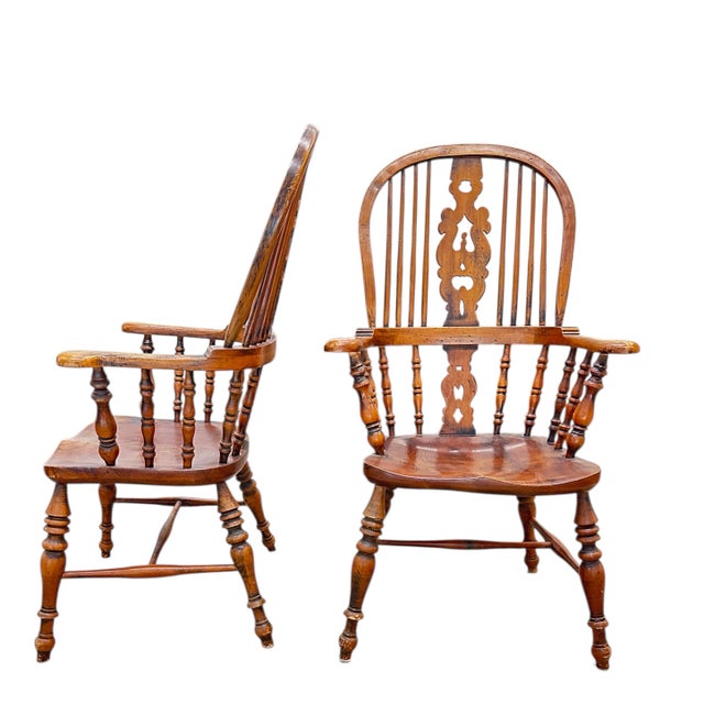 Early 20th C Windsor Chair Pair Set of Two Elm Wood England Arms Antique Vintage For Sale - Image 12 of 18