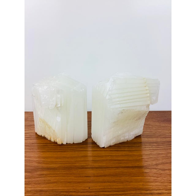 Vintage Pair of Carved White Onyx Stone Bookends carved from a single chunk of stone brutal cut with stone saw made of...