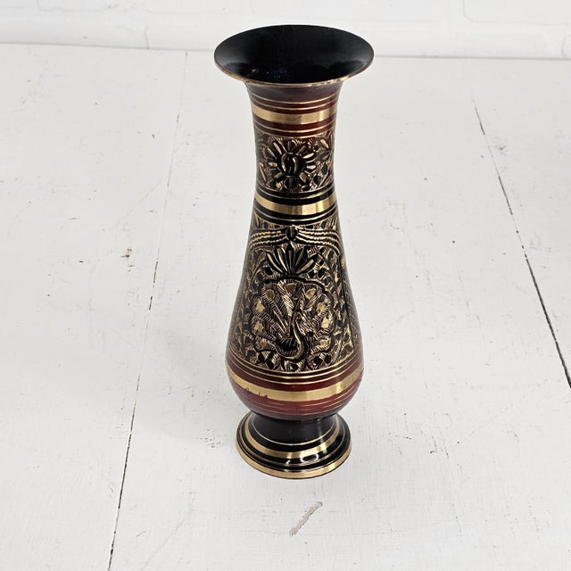 Vintage Hand-Engraved Brass Nakkashi Vase, Etched Floral Pedestal Form, 9.5" For Sale - Image 4 of 9