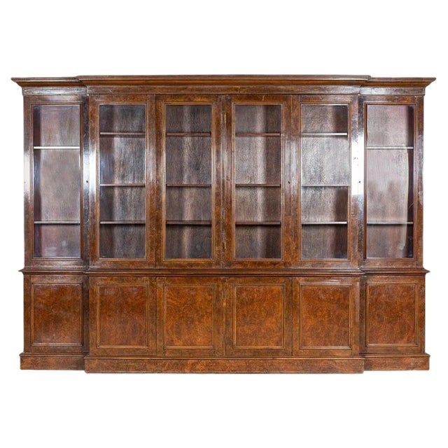 English Burr Walnut Breakfront Bookcase, 1920s For Sale