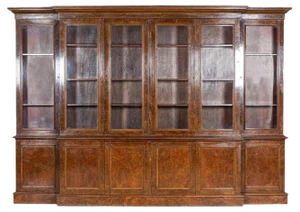 English Burr Walnut Breakfront Bookcase, 1920s